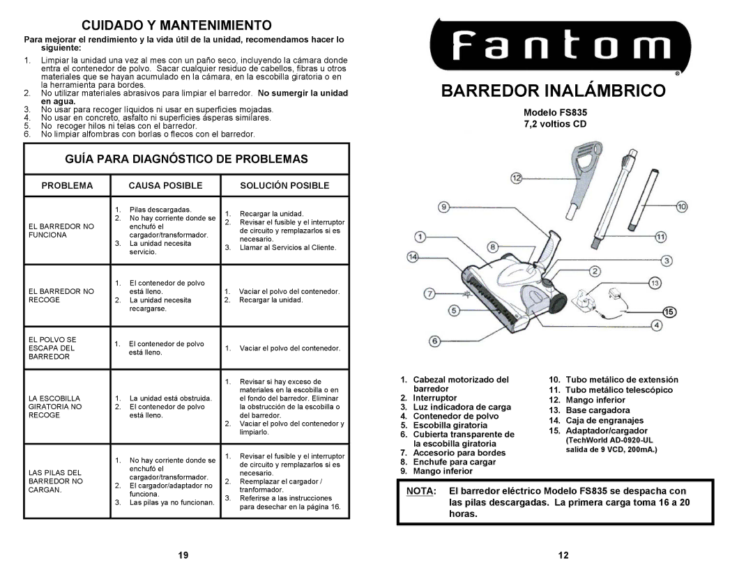 Fantom Vacuum owner manual Cuidado Y Mantenimiento, Modelo FS835 7,2 voltios CD 