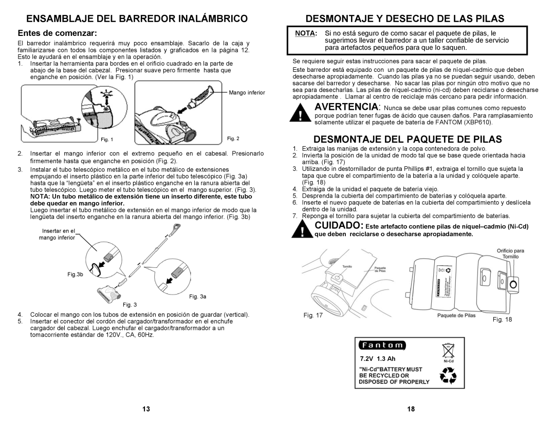 Fantom Vacuum FS835 owner manual Ensamblaje DEL Barredor Inalámbrico, Desmontaje Y Desecho DE LAS Pilas 