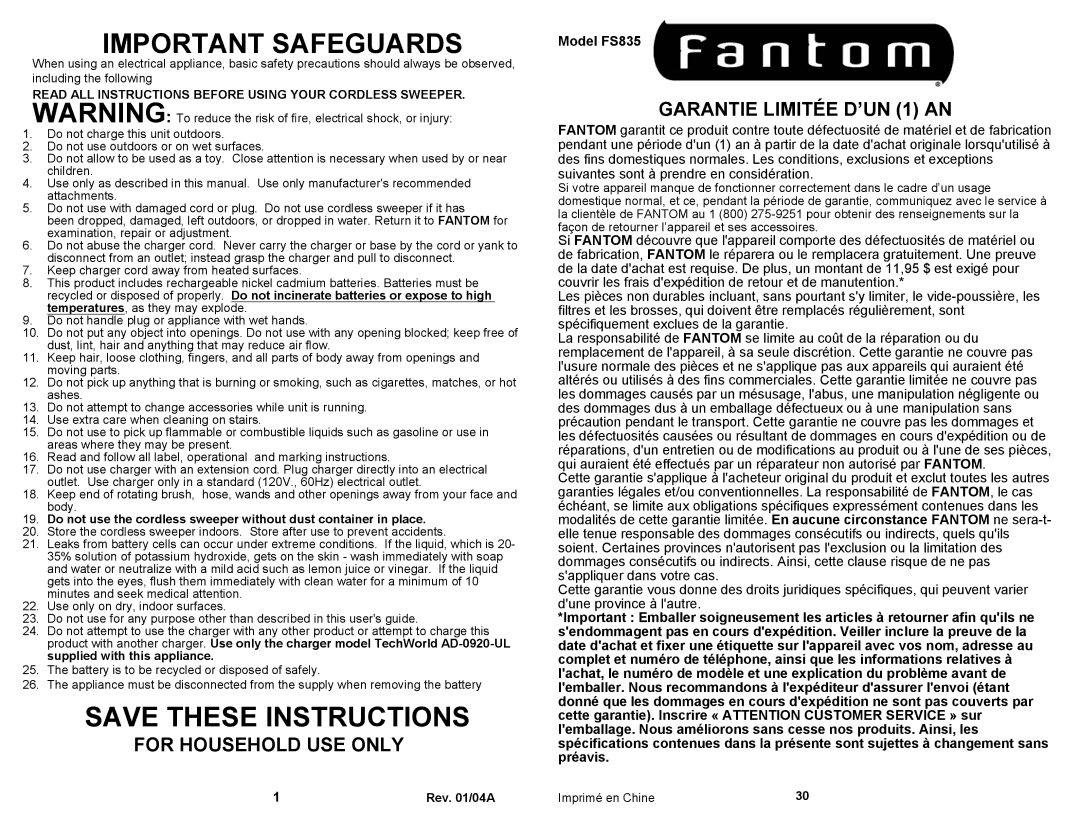 Fantom Vacuum owner manual For Household USE only, Garantie Limitée D’UN 1 AN, Model FS835 