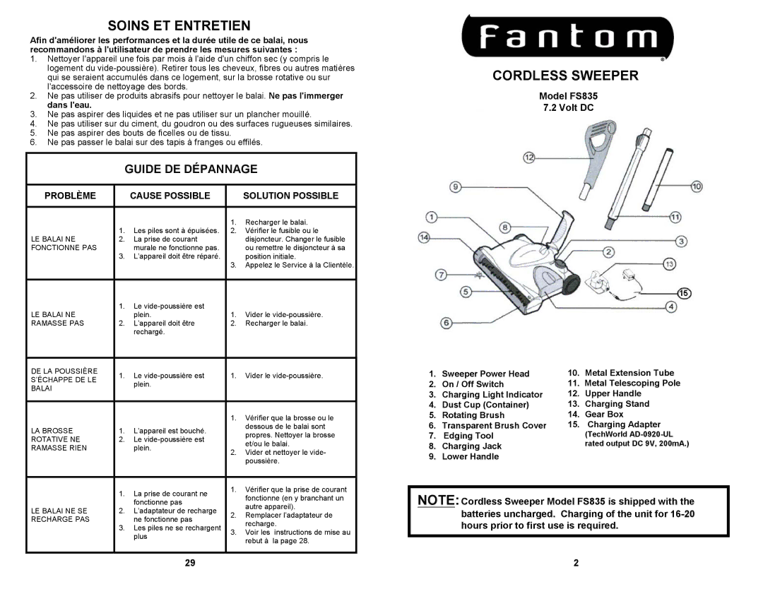 Fantom Vacuum owner manual Soins ET Entretien, Cordless Sweeper, Model FS835 Volt DC 