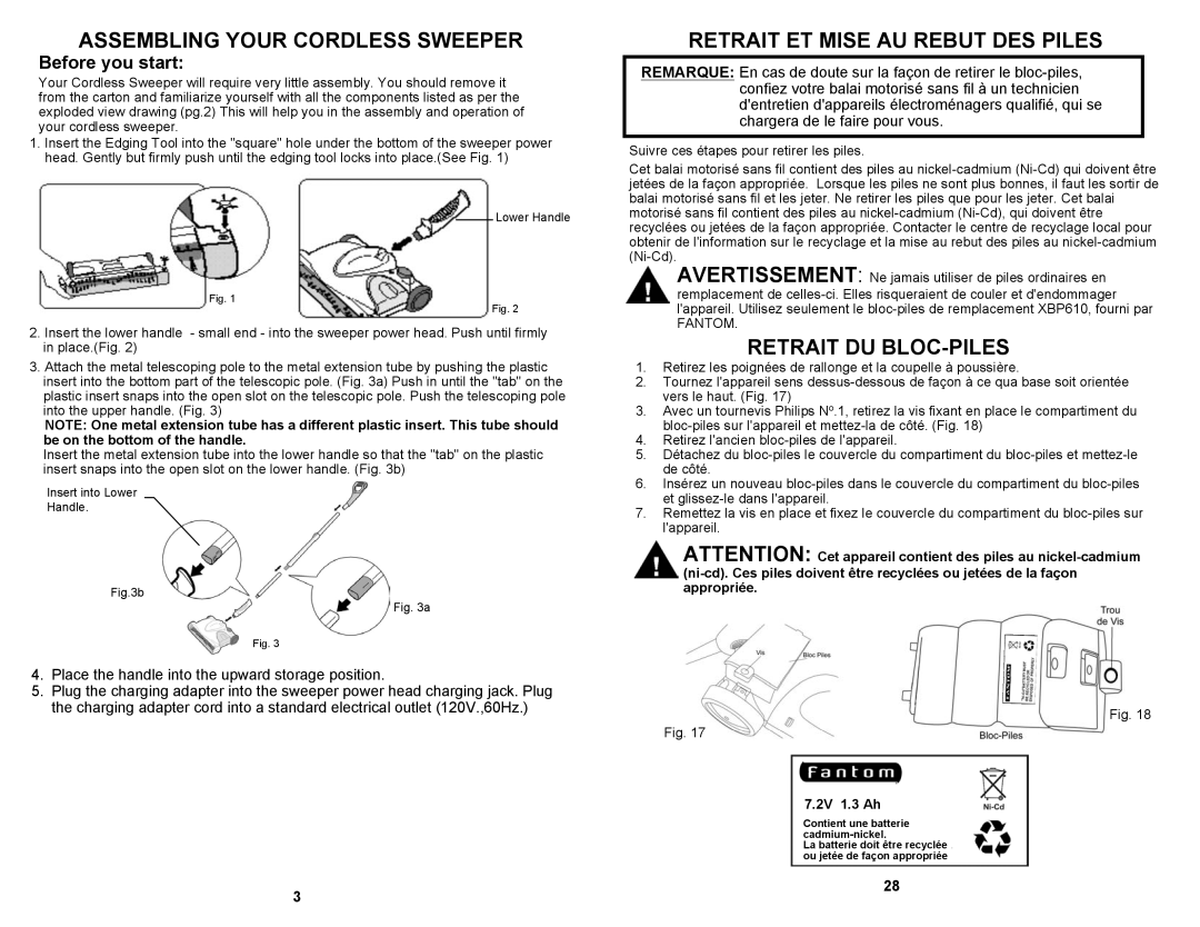 Fantom Vacuum FS835 Assembling Your Cordless Sweeper, Retrait ET Mise AU Rebut DES Piles, Retrait DU BLOC-PILES 