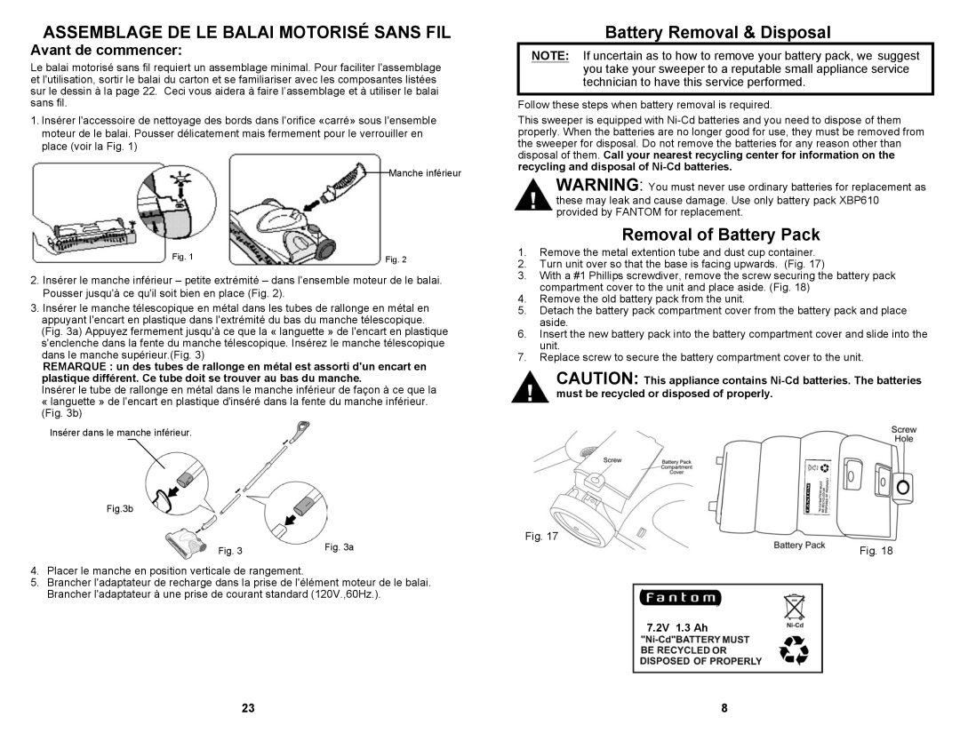 Fantom Vacuum FS835 Assemblage DE LE Balai Motorisé Sans FIL, Battery Removal & Disposal, Removal of Battery Pack 