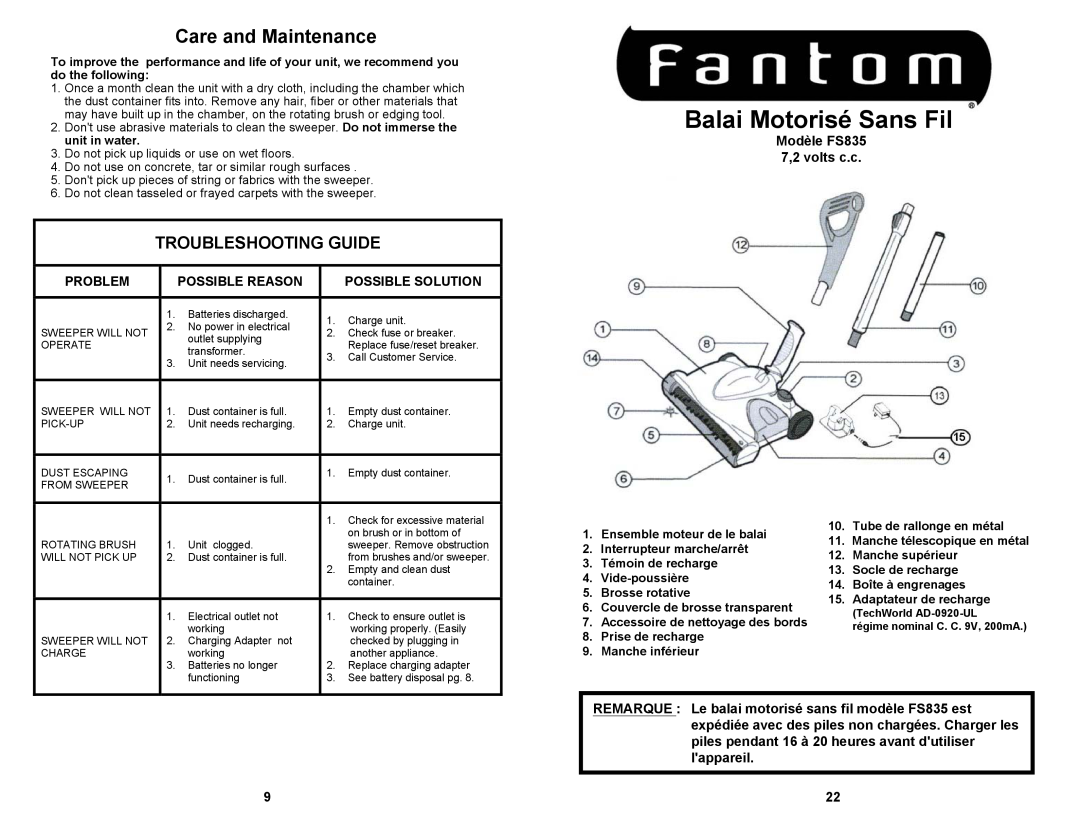 Fantom Vacuum Care and Maintenance, Troubleshooting Guide, Modèle FS835 7,2 volts c.c, Problem, Possible Reason 