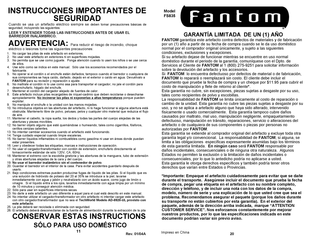 Fantom Vacuum FS835 Instrucciones Importantes De Seguridad, Conservar Estas Instructions, GARANTÍA LIMITADA DE UN 1 AÑO 