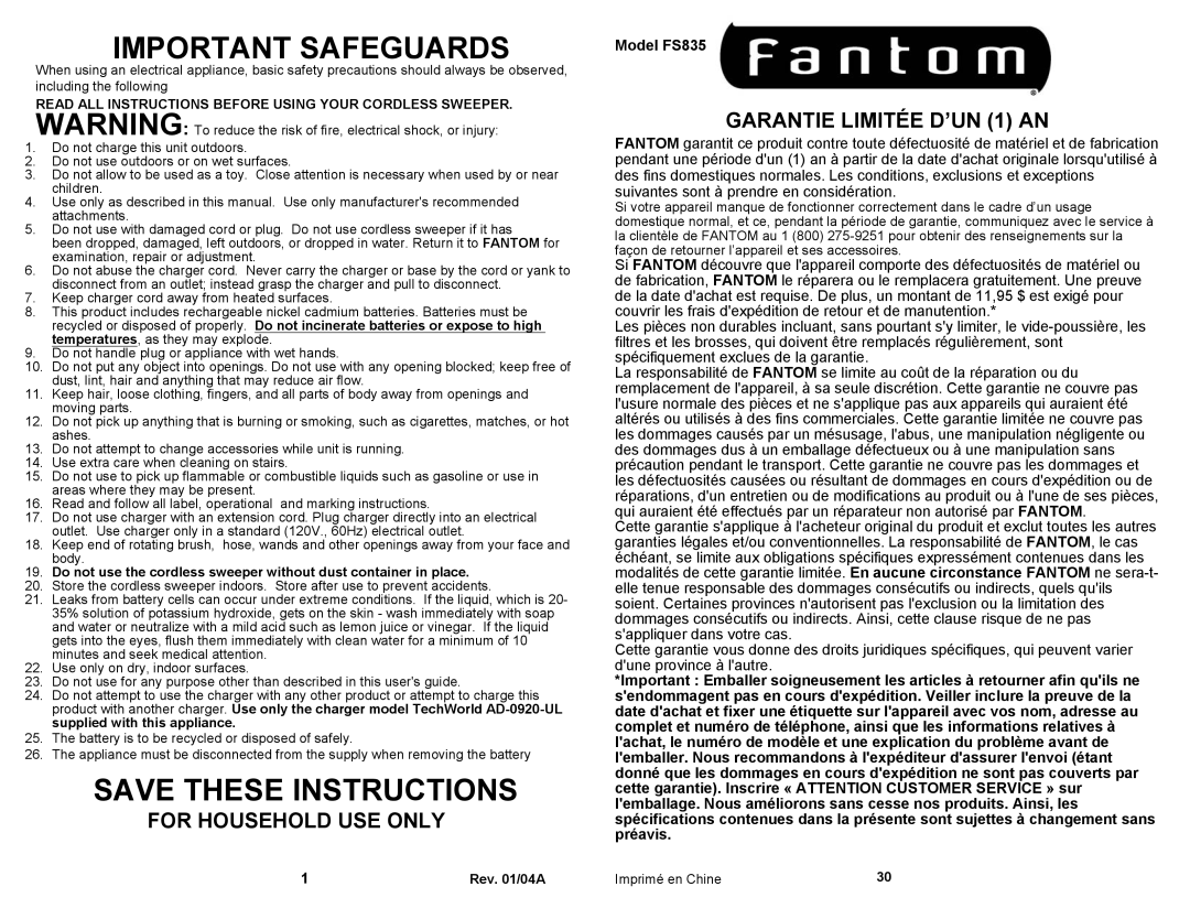 Fantom Vacuum FS835 Important Safeguards, Save These Instructions, For Household Use Only, GARANTIE LIMITÉE D’UN 1 AN 