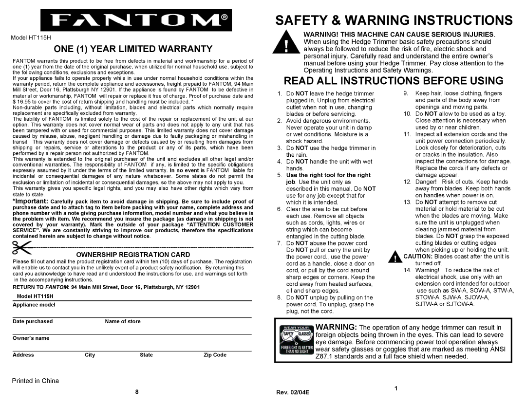 Fantom Vacuum HT115H owner manual Safety & Warning Instructions 