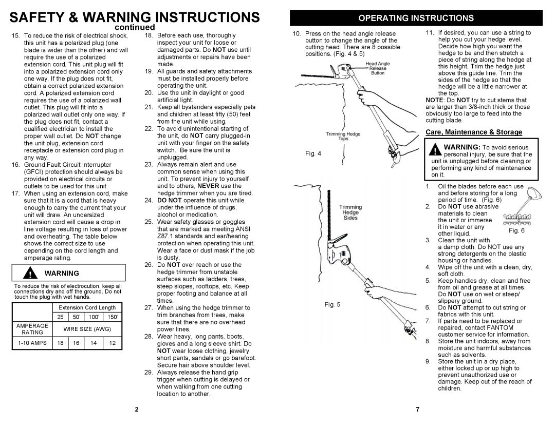 Fantom Vacuum HT115H owner manual Operating Instructions, Care, Maintenance & Storage 