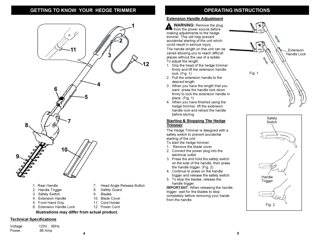 Fantom Vacuum HT115H owner manual Getting to Know Your Hedge Trimmer Operating Instructions, Technical Specifications 