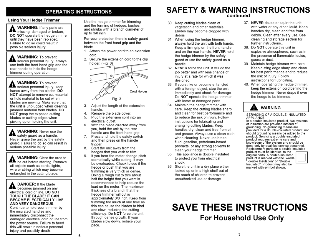 Fantom Vacuum HT115H Using Your Hedge Trimmer, Save These Instructions, Safety & Warning Instructions, continued 