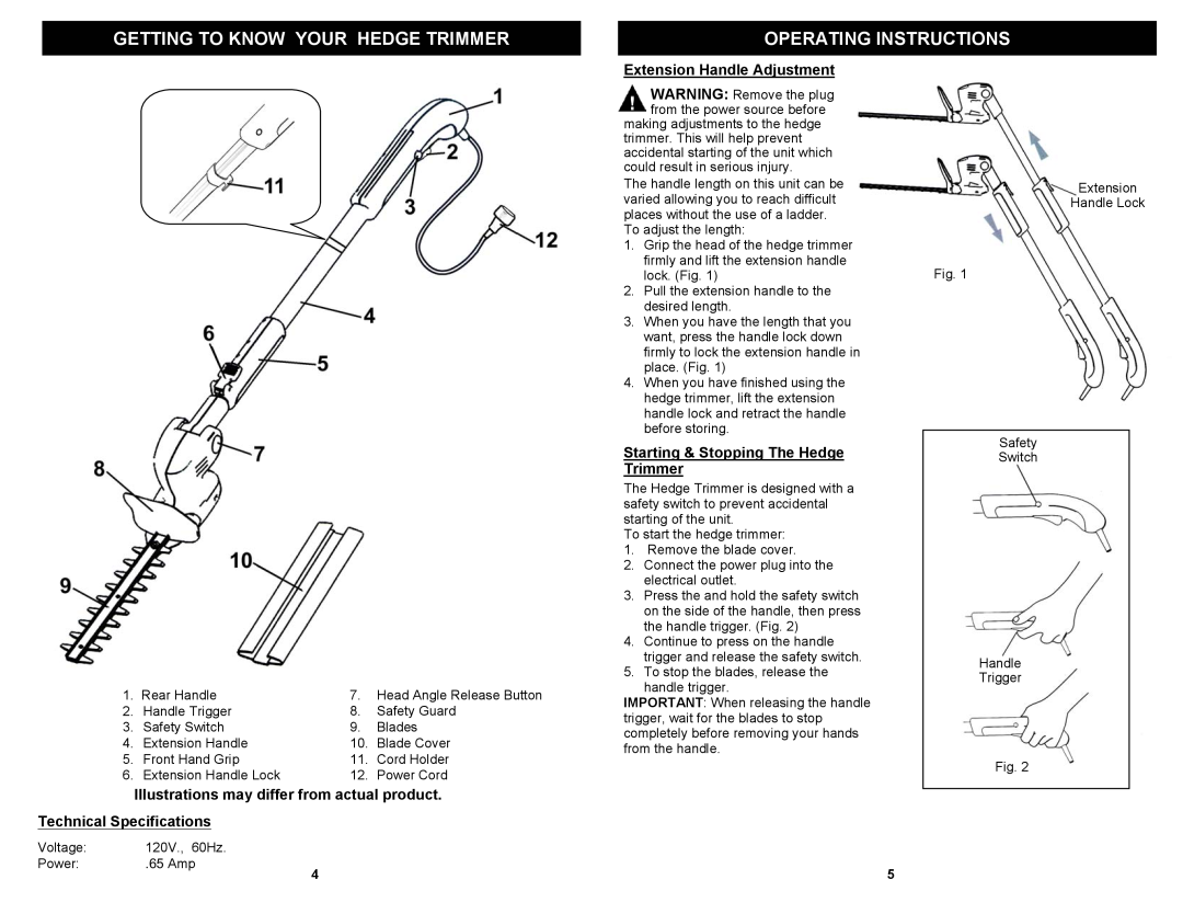 Fantom Vacuum HT115H owner manual Getting To Know Your Hedge Trimmer, Illustrations may differ from actual product 