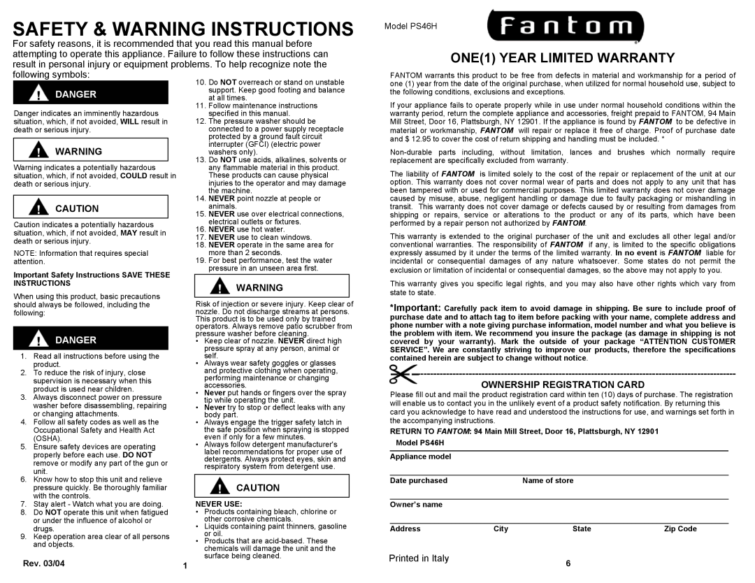 Fantom Vacuum PS46H Safety & Warning Instructions, ONE1 YEAR LIMITED WARRANTY, Danger, Ownership Registration Card 