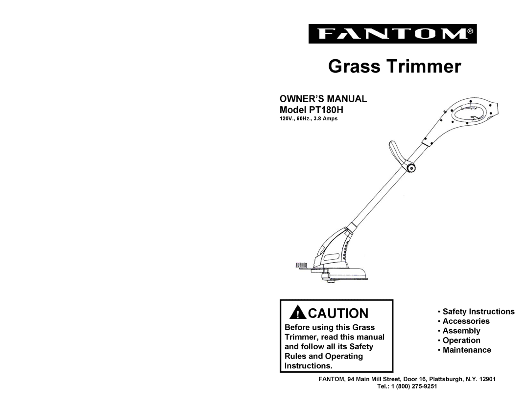 Fantom Vacuum PT180H owner manual Grass Trimmer 