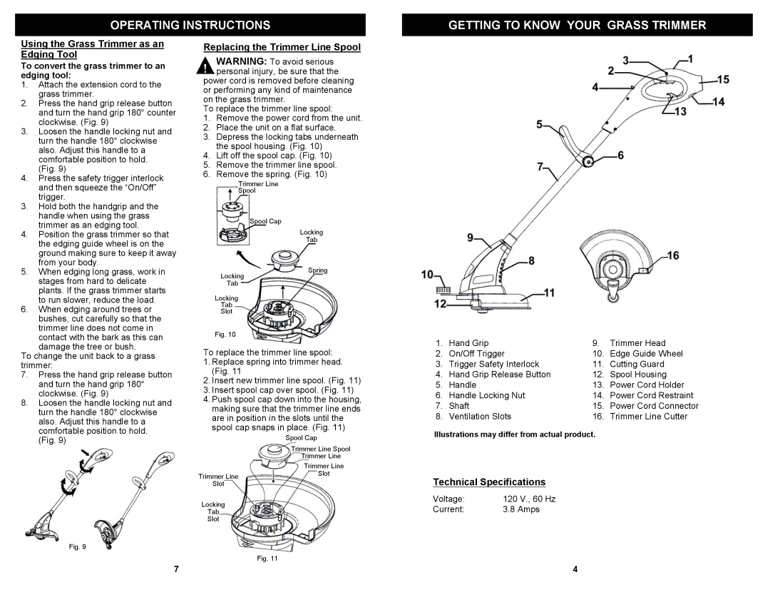 Fantom Vacuum PT180H Operating Instructions Getting to Know Your Grass Trimmer, Using the Grass Trimmer as an Edging Tool 