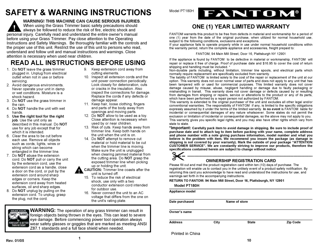 Fantom Vacuum PT180H owner manual Safety & Warning Instructions, ONE 1 YEAR LIMITED WARRANTY, Ownership Registration Card 