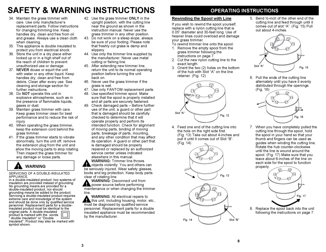 Fantom Vacuum PT180H owner manual Rewinding the Spool with Line, Safety & Warning Instructions, Operating Instructions 