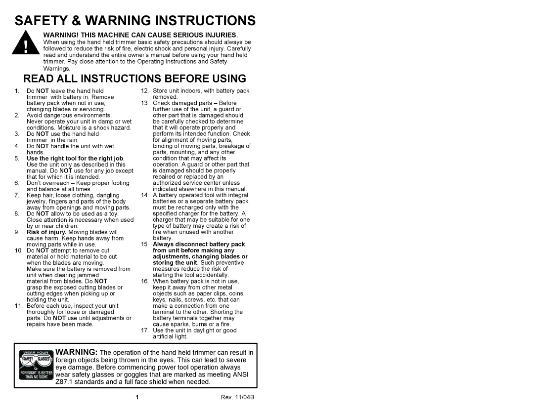 Fantom Vacuum PT194H owner manual Safety & Warning Instructions 