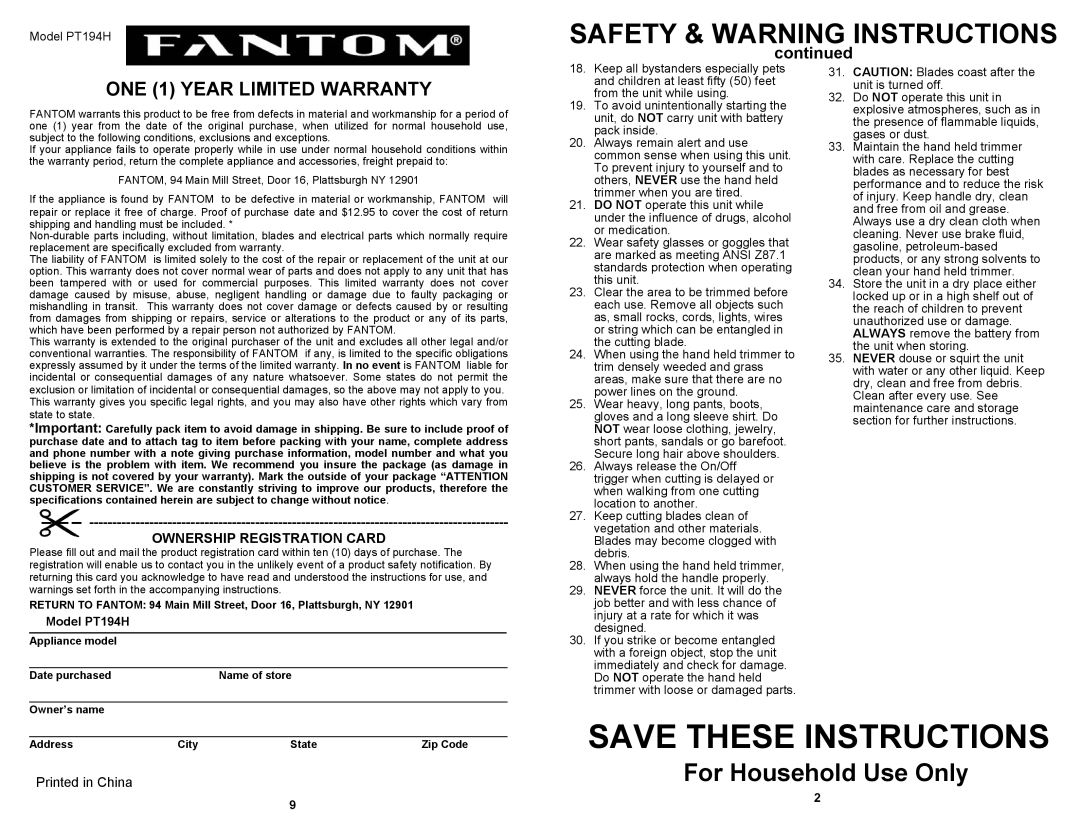 Fantom Vacuum PT194H owner manual For Household Use Only 