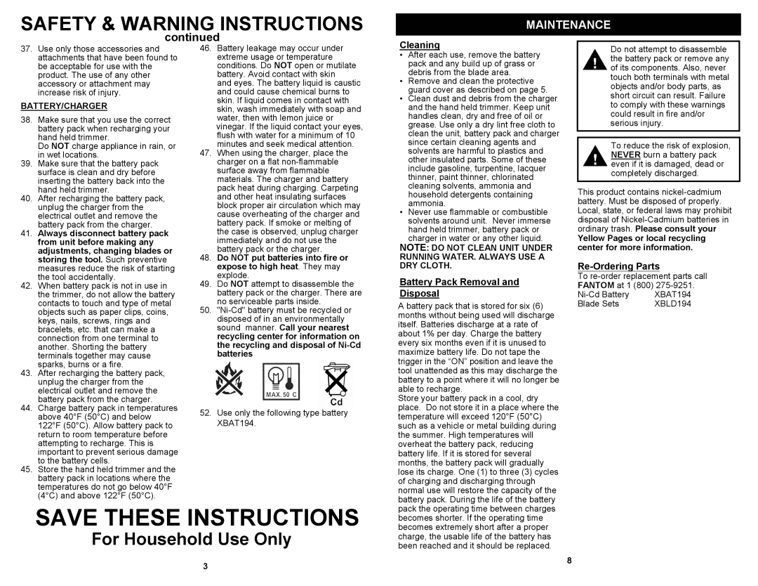 Fantom Vacuum PT194H owner manual Maintenance, Cleaning, Battery Pack Removal Disposal, Re-Ordering Parts 