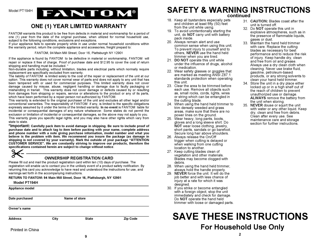 Fantom Vacuum PT194H owner manual Save These Instructions, For Household Use Only, ONE 1 YEAR LIMITED WARRANTY, continued 