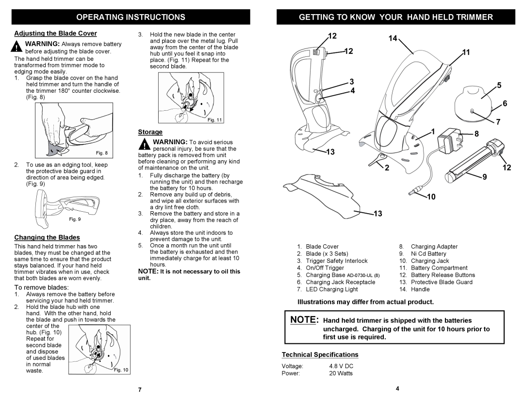 Fantom Vacuum PT194H Operating Instructions, Getting To Know Your Hand Held Trimmer, Adjusting the Blade Cover, Storage 