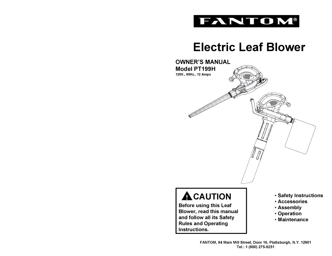 Fantom Vacuum PT199H owner manual Electric Leaf Blower 