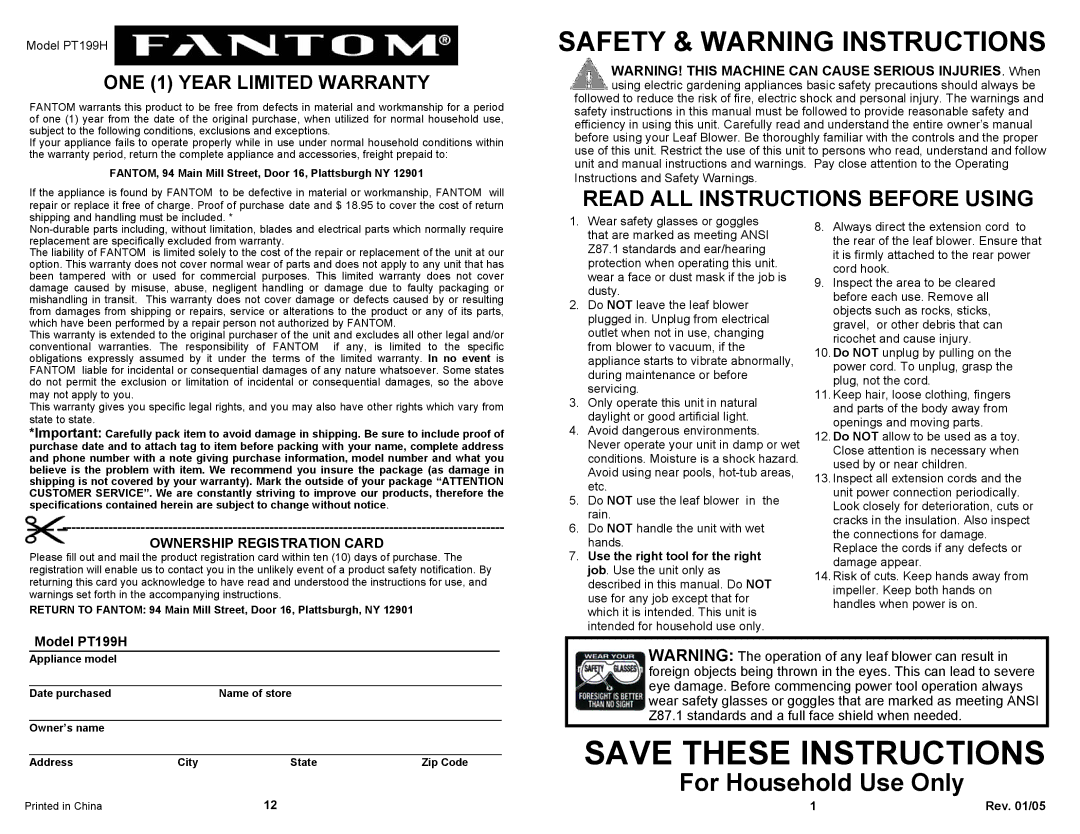 Fantom Vacuum owner manual Safety & Warning Instructions, Ownership Registration Card, Model PT199H 