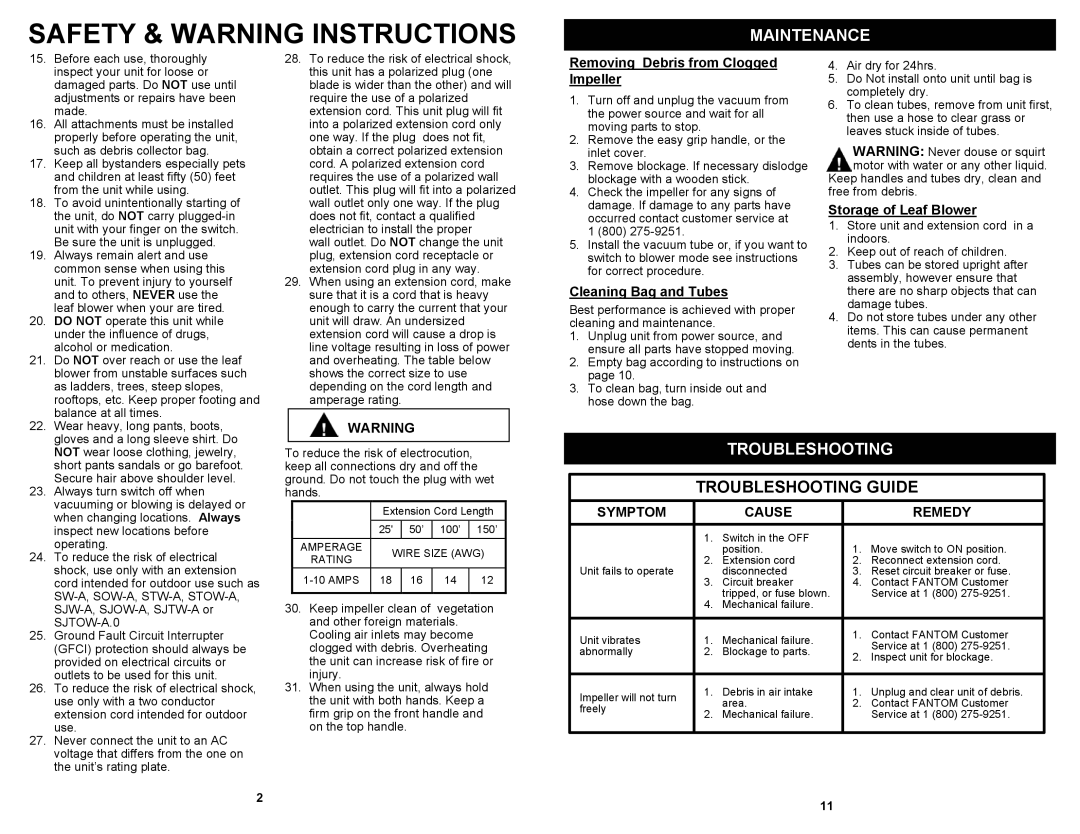 Fantom Vacuum PT199H owner manual Maintenance, Troubleshooting, Symptom Cause Remedy 