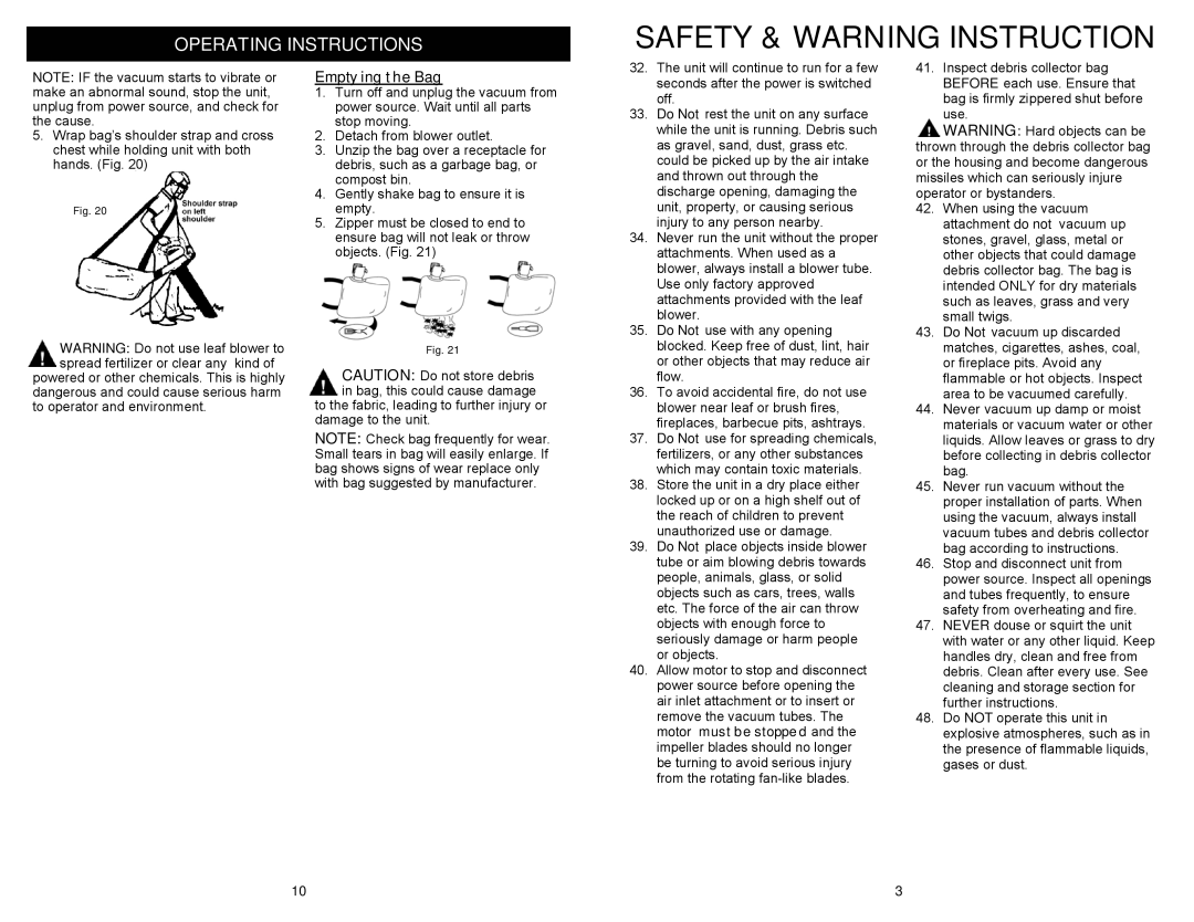 Fantom Vacuum PT199H owner manual Safety & Warning Instruction, Operating Instructions, Emptying the Bag 