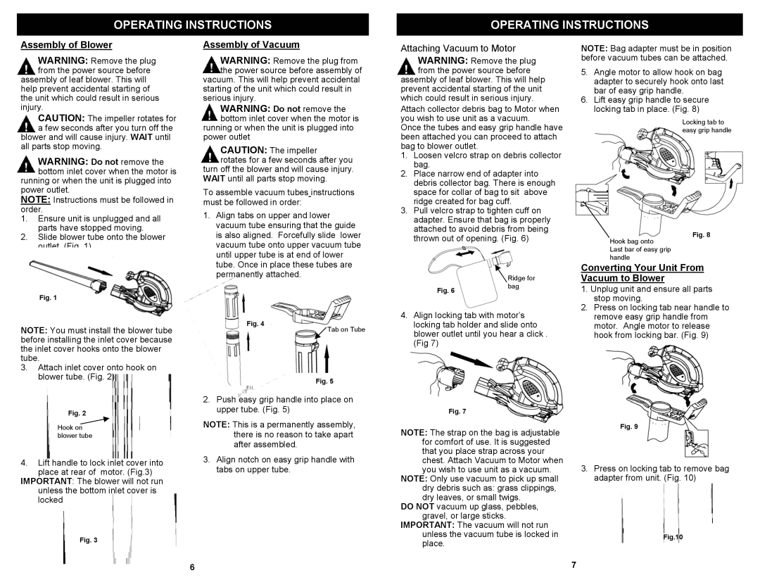 Fantom Vacuum PT199H owner manual Assembly of Blower, Assembly of Vacuum, Converting Your Unit From Vacuum to Blower 