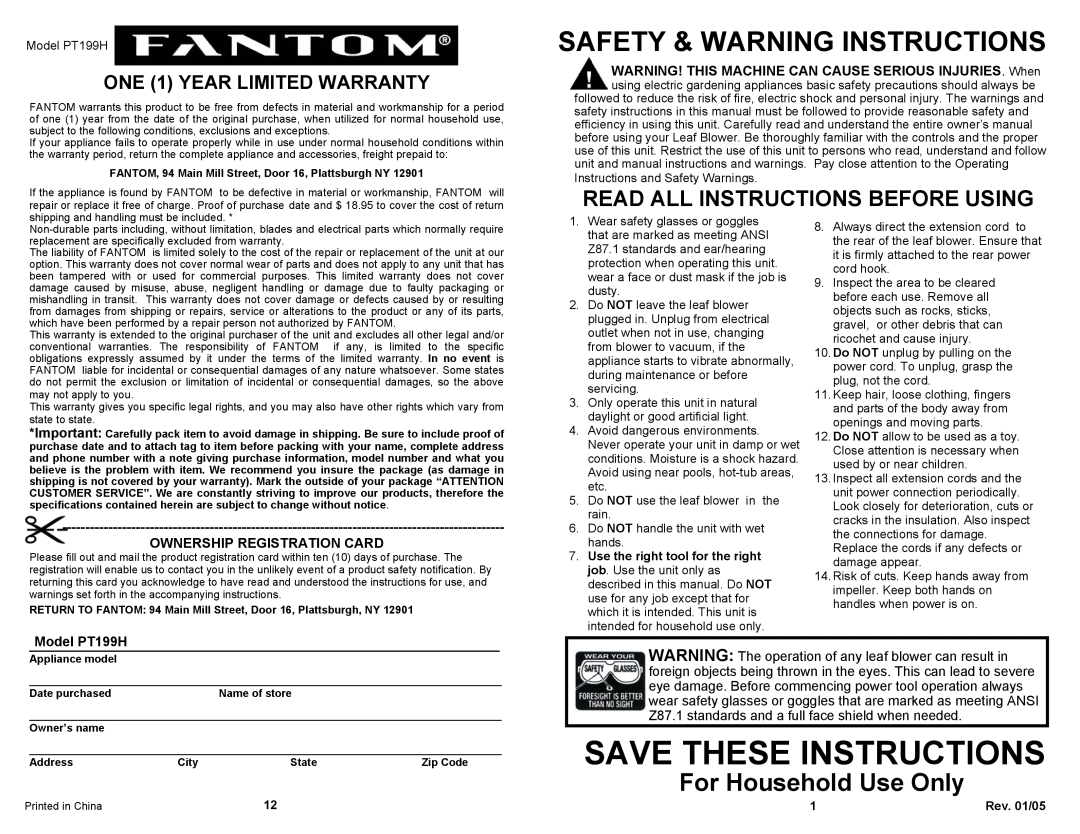 Fantom Vacuum Save These Instructions, Safety & Warning Instructions, For Household Use Only, Model PT199H, Rev. 01/05 