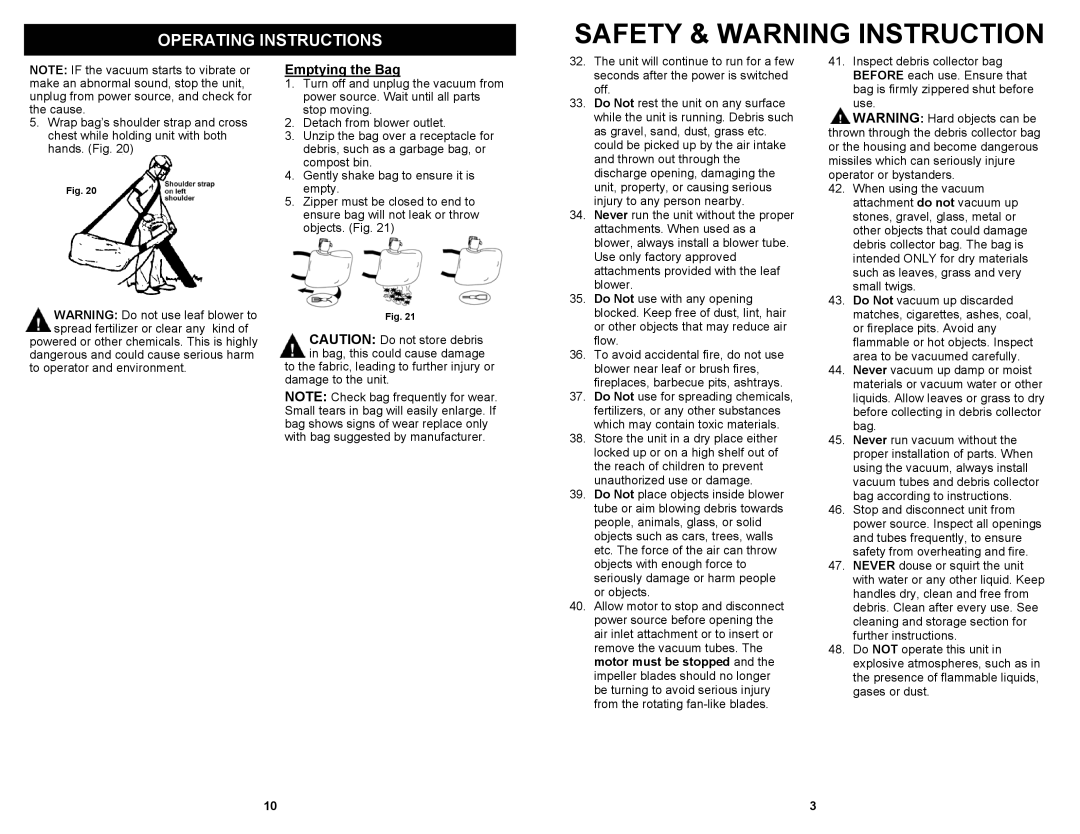 Fantom Vacuum PT199H owner manual Safety & Warning Instruction, Operating Instructions, Emptying the Bag 