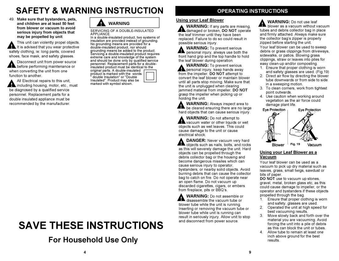 Fantom Vacuum PT199H Using your Leaf Blower as a Vacuum, Save These Instructions, Safety & Warning Instruction 