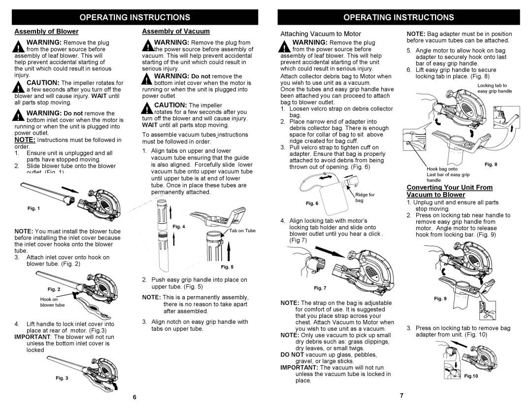 Fantom Vacuum PT199H owner manual Assembly of Blower, Assembly of Vacuum, Attaching Vacuum to Motor, Operating Instructions 