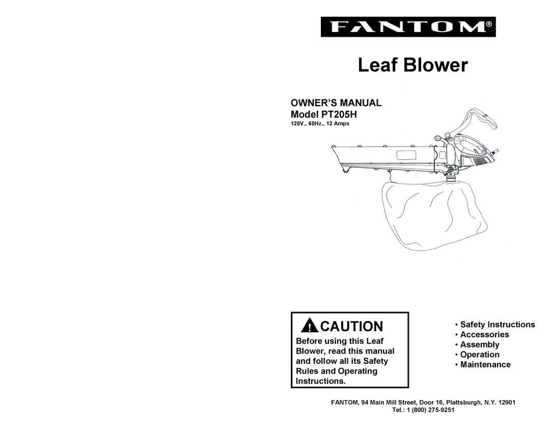 Fantom Vacuum PT205H owner manual Leaf Blower 