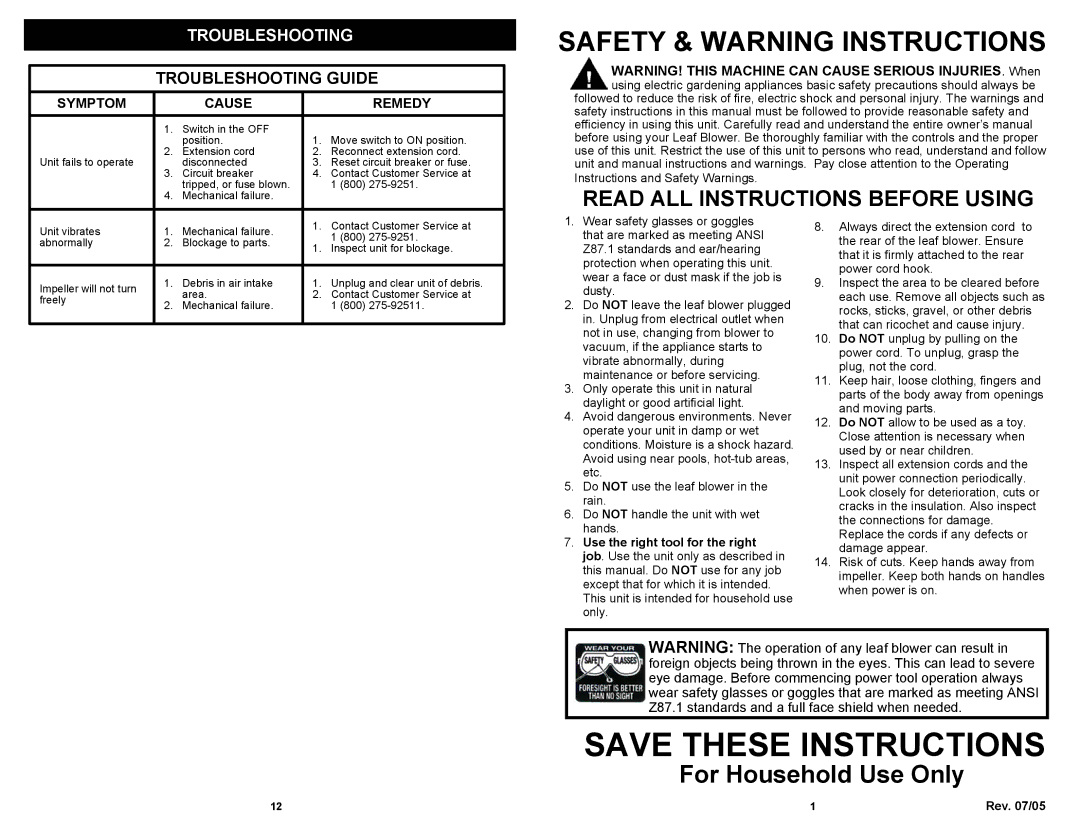 Fantom Vacuum PT205H owner manual Safety & Warning Instructions, Troubleshooting, Symptom Cause Remedy 