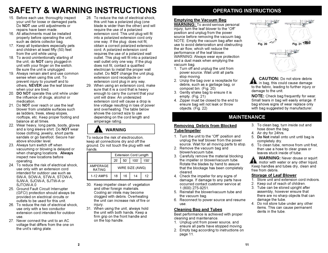 Fantom Vacuum PT205H owner manual Operating Instructions, Maintenance, Removing Debris from Blocked Tube/Impeller 