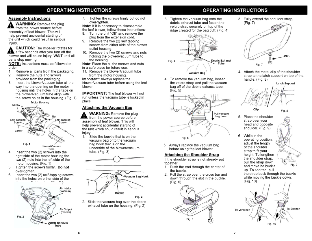 Fantom Vacuum PT205H owner manual Assembly Instructions, Attaching the Vacuum Bag, Attaching the Shoulder Strap 