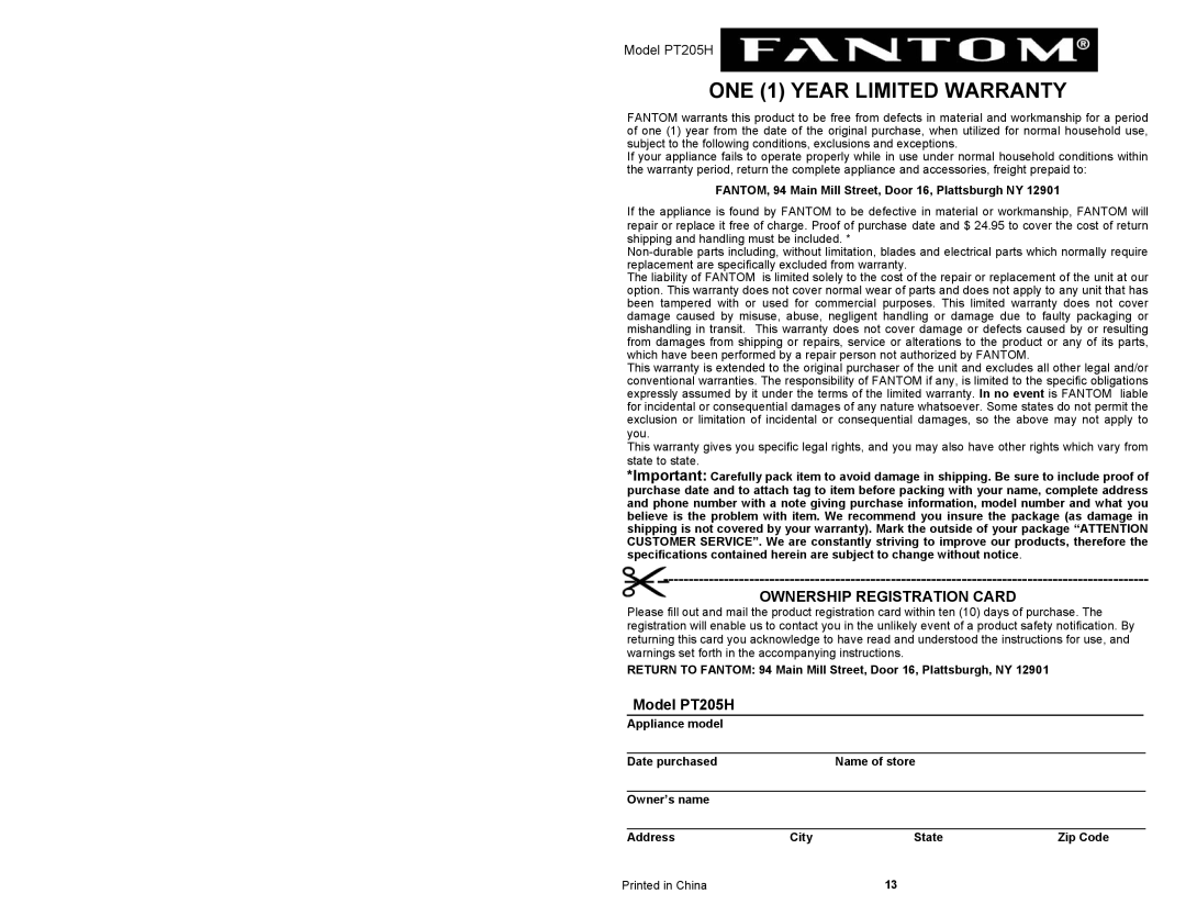 Fantom Vacuum ONE 1 YEAR LIMITED WARRANTY, Ownership Registration Card, Model PT205H, Appliance model, Owner’s name 