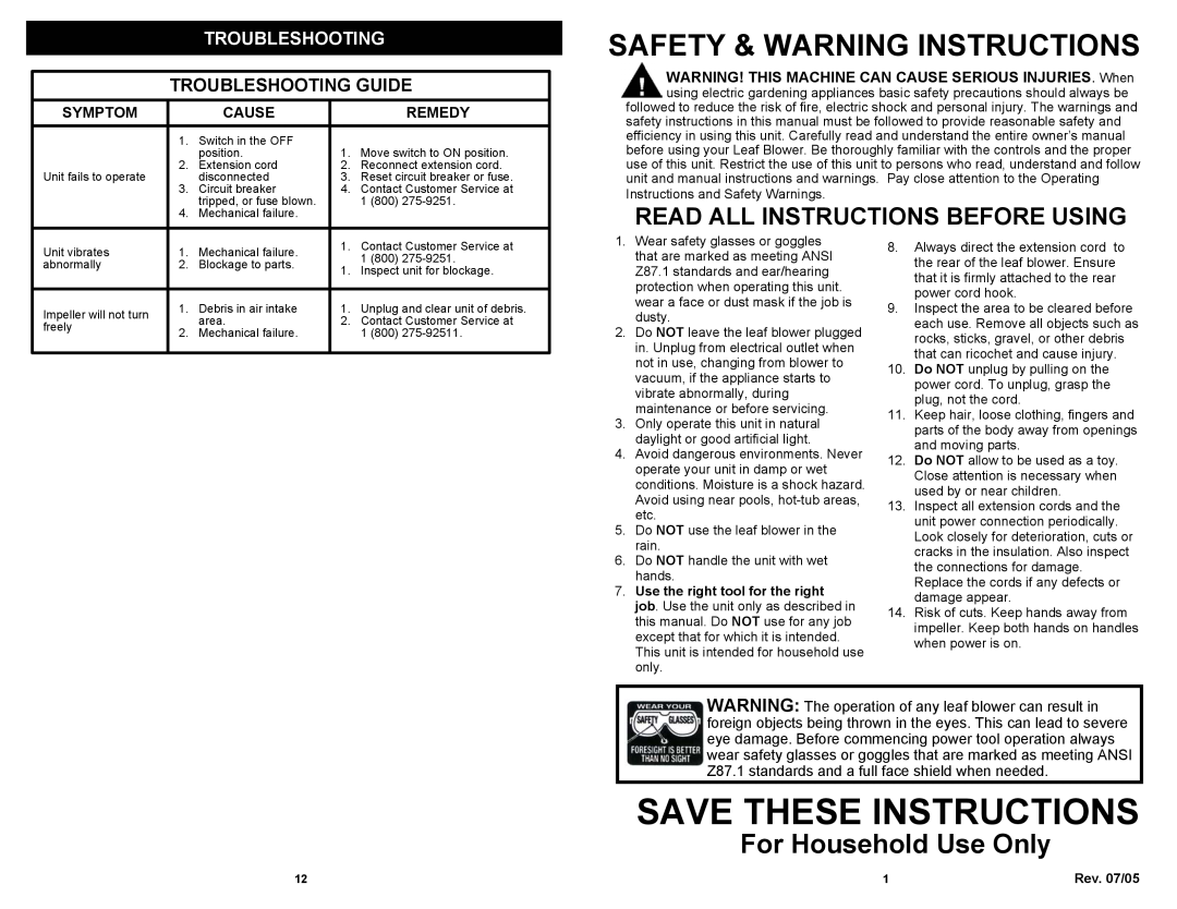 Fantom Vacuum PT205H Save These Instructions, Safety & Warning Instructions, For Household Use Only, Troubleshooting 