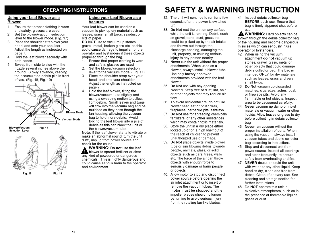 Fantom Vacuum PT205H Safety & Warning Instruction, Using your Leaf Blower as a Blower, Using your Leaf Blower as a Vacuum 
