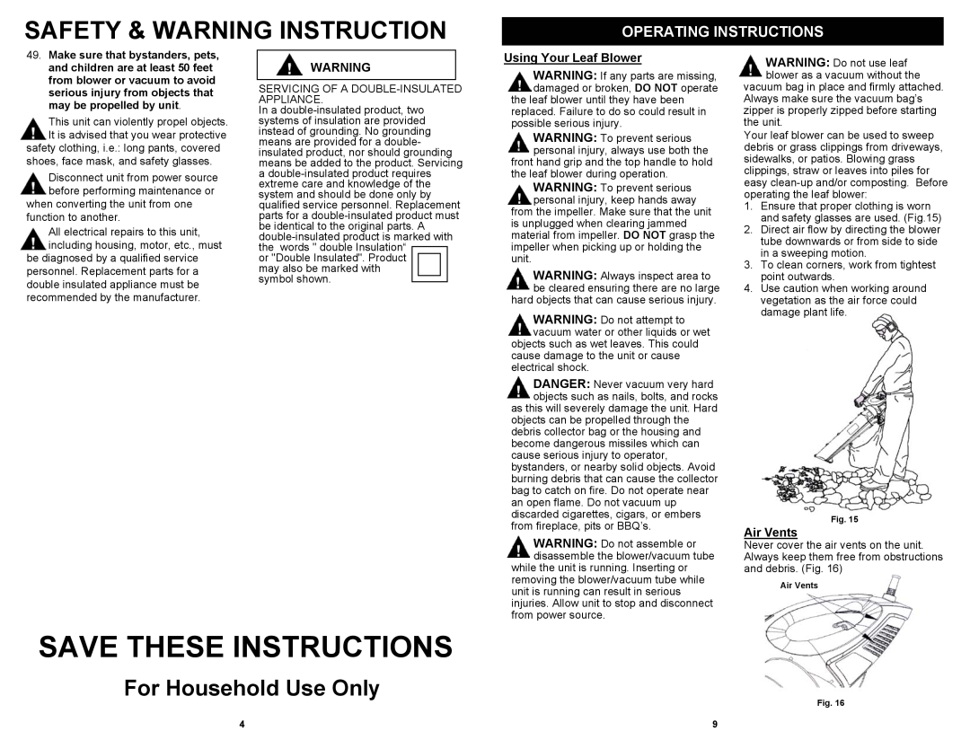 Fantom Vacuum PT205H owner manual Using Your Leaf Blower, Air Vents, Save These Instructions, Safety & Warning Instruction 