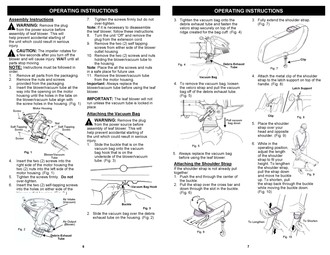 Fantom Vacuum PT205H Assembly Instructions, Attaching the Vacuum Bag, Attaching the Shoulder Strap, Operating Instructions 