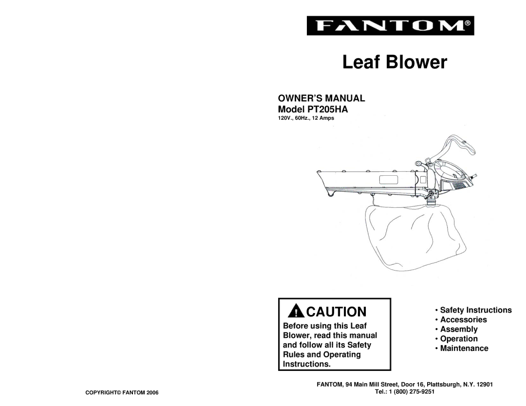 Fantom Vacuum PT205HA owner manual Leaf Blower 