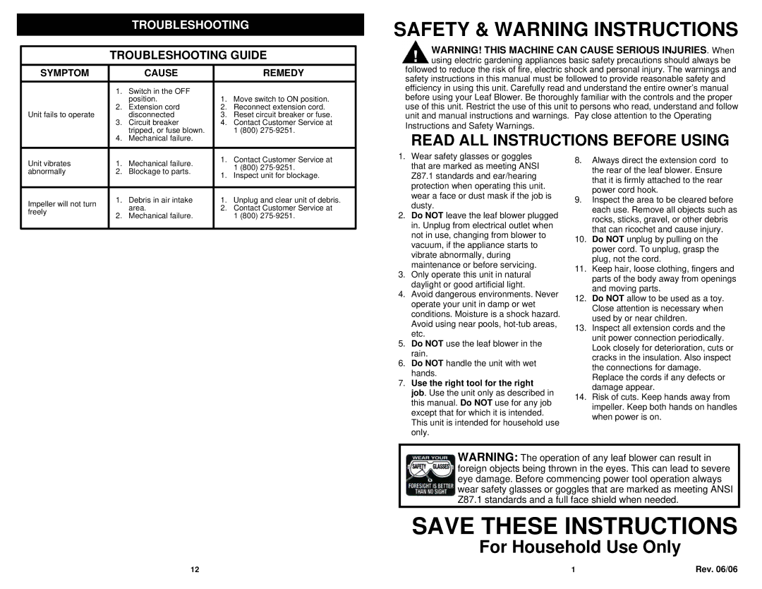 Fantom Vacuum PT205HA owner manual Safety & Warning Instructions, Troubleshooting 