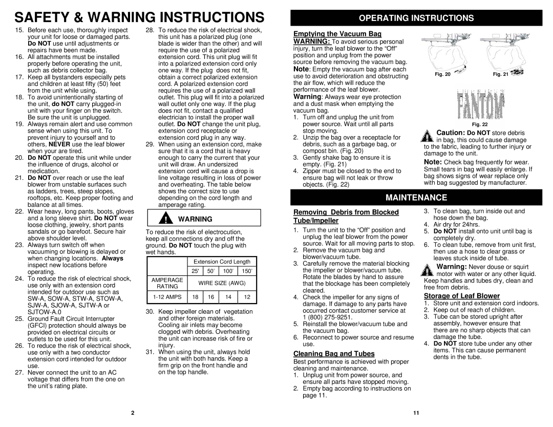 Fantom Vacuum PT205HA owner manual Operating Instructions, Maintenance, Removing Debris from Blocked Tube/Impeller 