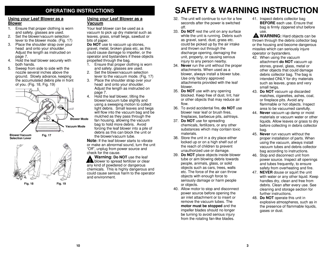 Fantom Vacuum PT205HA Safety & Warning Instruction, Using your Leaf Blower as a Blower, Using your Leaf Blower as a Vacuum 