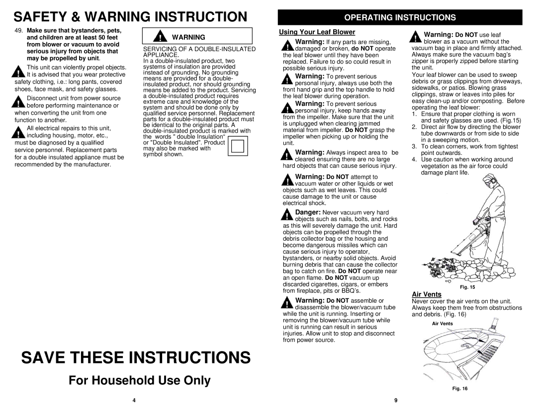 Fantom Vacuum PT205HA owner manual Using Your Leaf Blower, Air Vents, Servicing of a DOUBLE-INSULATED Appliance 