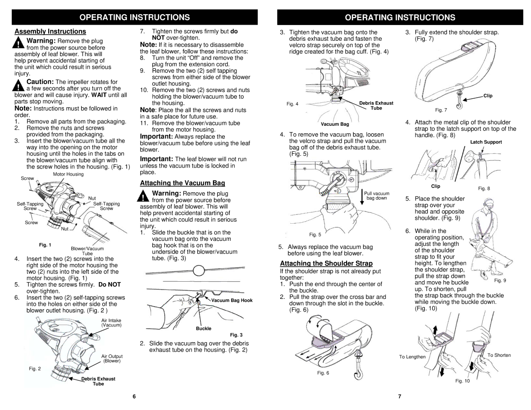 Fantom Vacuum PT205HA owner manual Assembly Instructions, Attaching the Vacuum Bag, Attaching the Shoulder Strap 