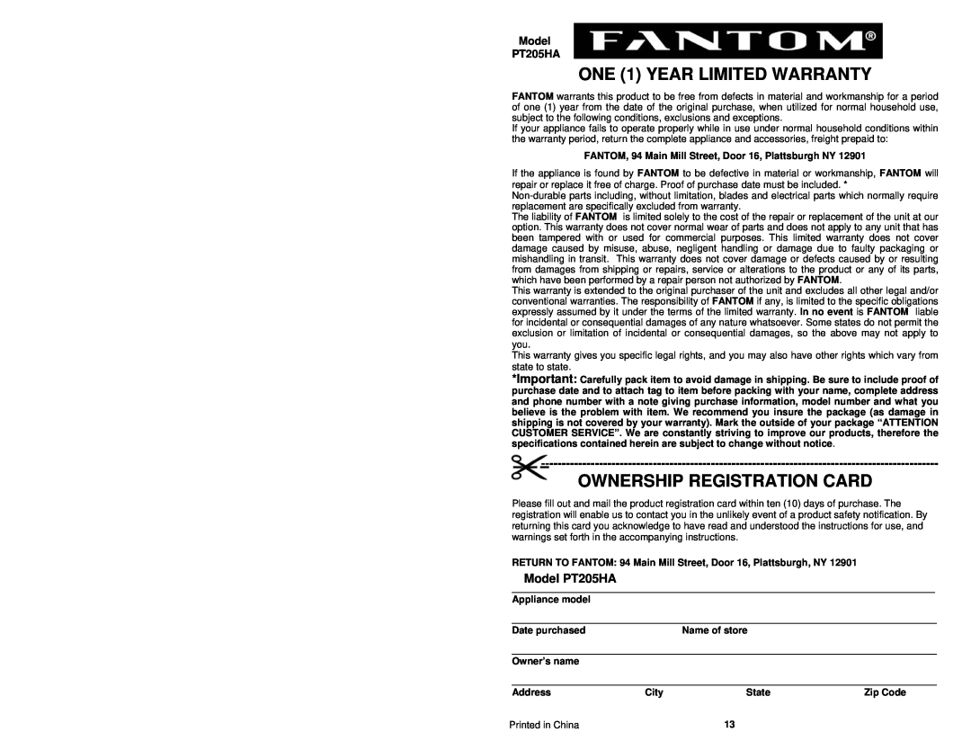 Fantom Vacuum ONE 1 YEAR LIMITED WARRANTY, Ownership Registration Card, Model PT205HA, Appliance model, Owner’s name 