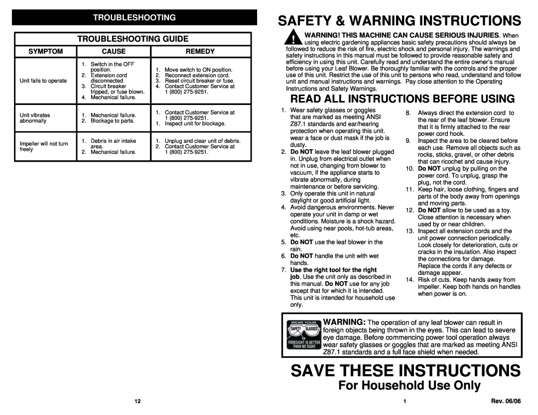 Fantom Vacuum PT205HA Save These Instructions, Safety & Warning Instructions, For Household Use Only, Troubleshooting 